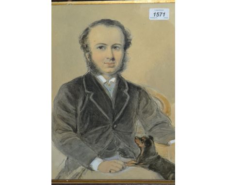 19th Century English school watercolour, portrait of a seated gentleman with dog, 15.5ins x 12.5ins 
