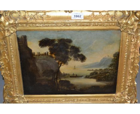 19th Century oil on metal panel, estuary scene with figures in a boat and hill top castle, 9.5ins x 13.5ins, gilt framed