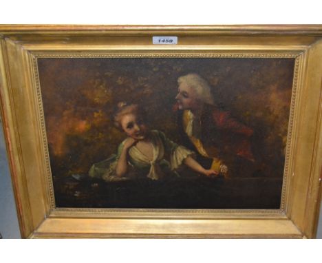 French school, 19th Century oil on panel, portrait of a young lady and courtier in a landscape, 11ins x 16ins