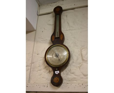 George III mahogany shell inlaid wheel barometer, the silvered dials inscribed F. Molton, Norwich (minus mercury)