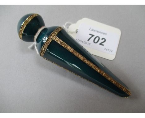 Unusual blue, green enamel and gilt metal mounted perfume bottle of tapering form with matching screw-on stopper, 10.25cms