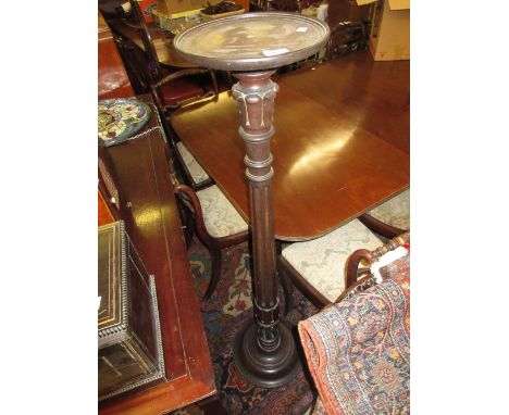 19th Century carved mahogany bed post torchere with dish top