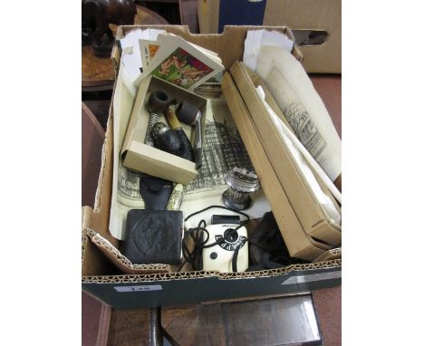 Small quantity of miscellaneous items including three pipes, various humorous postcards, table lighter, unframed engraving, l