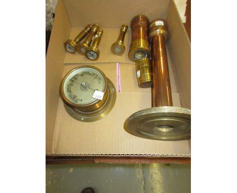 Small brass bulkhead aneroid barometer, pair of postal scales with weights and a quantity of various turned brass and copper 