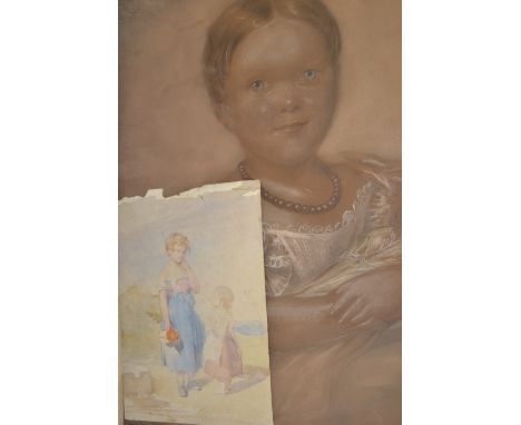 Folio of unframed portrait drawings, child with a doll and others