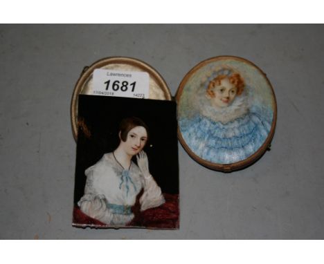 19th Century watercolour portrait miniature on ivory of a girl with red hair wearing a blue dress and hat (at fault) in a red