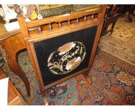 Oak framed firescreen with floral needlework inset panel, iridescent coal fire grates 