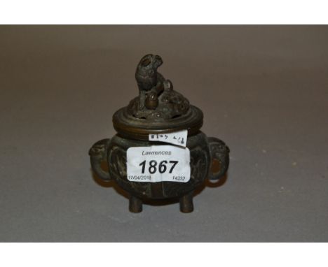 Small Chinese brown patinated bronze censer, the cover with dog of foe finial and elephant side handles