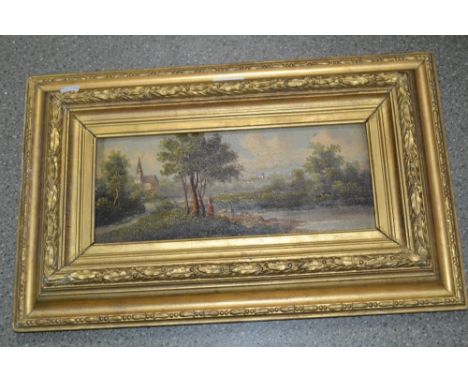 Late 19th Century oil on panel, figure in a landscape with distant church, indistinctly signed, gilt framed, 5ins x 13ins
