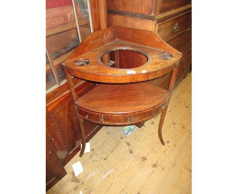 19th Century mahogany corner washstand, the galleried top with undertier having single drawer on splay supports together with