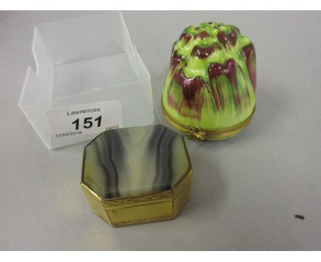 Modern Limoges vegetable form snuff box, together with an antique gilt metal snuff box with onyx inset cover