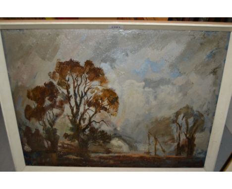 Oil on board, stormy wooded landscape, bearing signature Dunlop, 18ins x 23ins in a painted frame