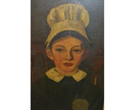 19th Century English folk art, portrait of a maid, gilt framed, 17ins x 11ins
