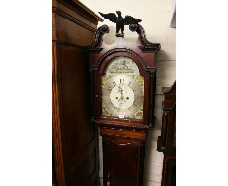 19th Century longcase clock, the hood with broken arch pediment and eagle surmount above an arched top dial with painted figu