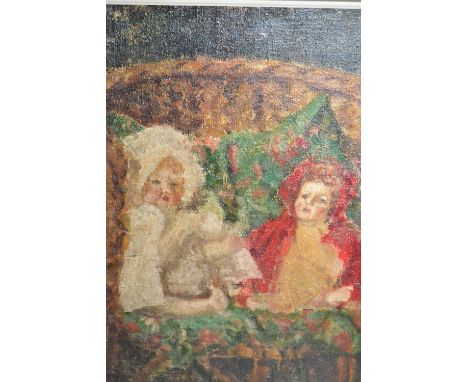 20th Century oil on canvas, study of two dolls in a chair, inscribed verso ' Reverend J.W.H. Battiscombe, Prison Chaplain ' t