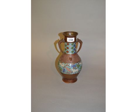 Chinese cloisonné two handled patinated bronze vase with bands of enamel decoration on a pale blue ground, 12ins high