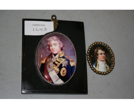 Enamel on porcelain, portrait miniature of a young man wearing a blue coat, together with a modern porcelain miniature of a N