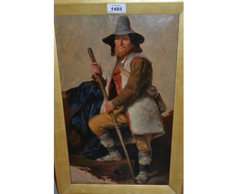 19th Century gilt framed oil, portrait of a Bavarian gentleman holding a staff, 17.5ins x 10ins