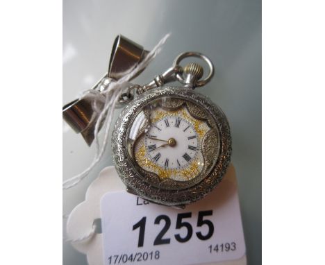 Continental silver fob watch, having unusual shield shaped and enamel dial with Roman numerals, on a bow form bar, having eng