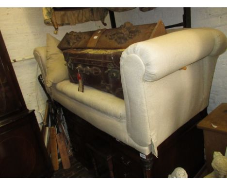 Victorian Chesterfield sofa with drop-end and turned supports re-upholstered in a plain beige fabric