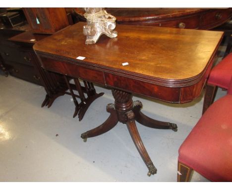 George IV mahogany rectangular fold-over card table with reeded top and quadruped base (at fault)