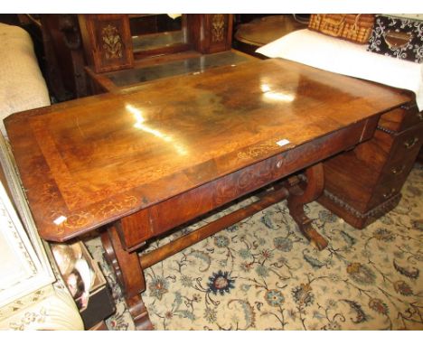 19th Century Continental (possibly Austrian) figured walnut birds eye maple crossbanded and marquetry inlaid sofa table with 