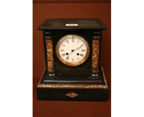 19th Century black slate and marble mantel clock, the circular enamel dial having Roman numerals and two train movement strik