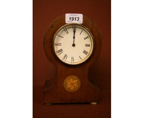 Edwardian mahogany balloon shaped inlaid mantel clock with circular enamel dial having Roman numerals