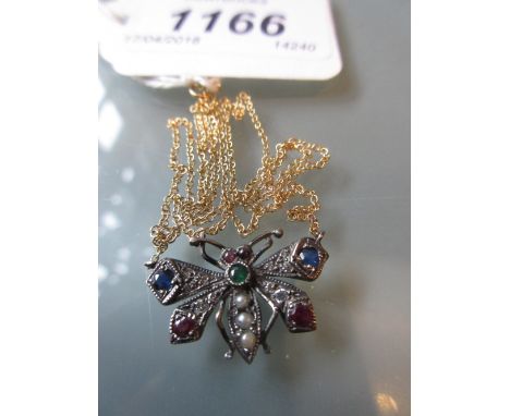 Ruby, sapphire, emerald, diamond and seed pearl set insect pendant necklace