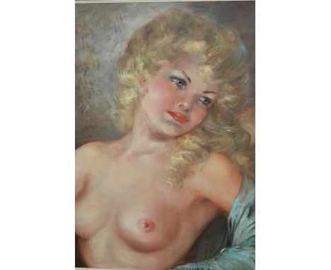 Antal Jancsek, oil on canvas, half length portrait of a nude female with blonde hair, signed, gilt framed, 23ins x 19ins