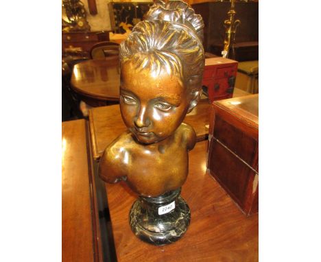 Patinated bronze bust of a young girl on marble socle base, 16.5ins high