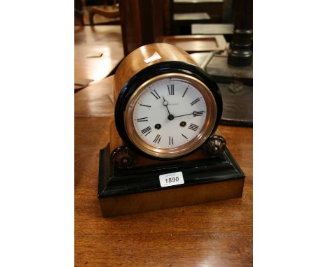 19th Century walnut and ebonised mantel clock having circular enamel dial with Roman numerals inscribed A. Awinser, with two 