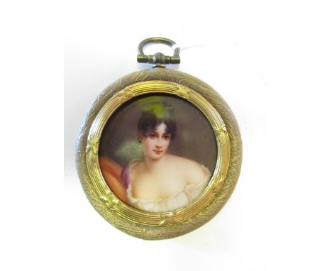 Miniature enamel on porcelain plaque, portrait of a classical lady in a circular gilt brass frame