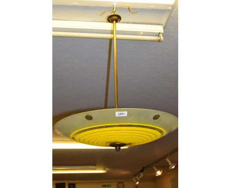 Mid 20th Century etched and yellow glass light fitting on brass rod
