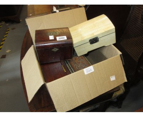 Small burr walnut tea caddy, a bone veneered box and three other boxes