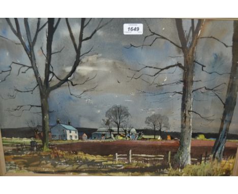 E. R. Roberts, watercolour of a farmstead with trees to the foreground, 13ins x 19ins