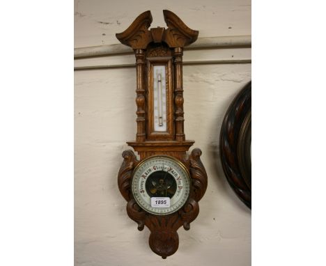 Victorian carved oak aneroid barometer thermometer