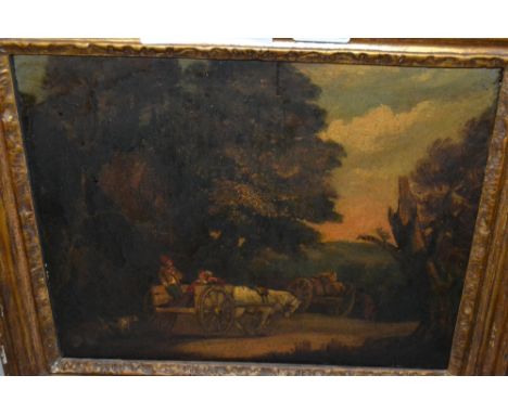 18th / 19th Century oil on oak panel, figures with dog and horse drawn carts in a landscape housed in a period giltwood frame