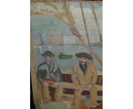 Unframed oil on canvas, portrait of two fishermen seated on a harbour wall, bearing inscription verso ' R. Arrue. ( Toulon ) 