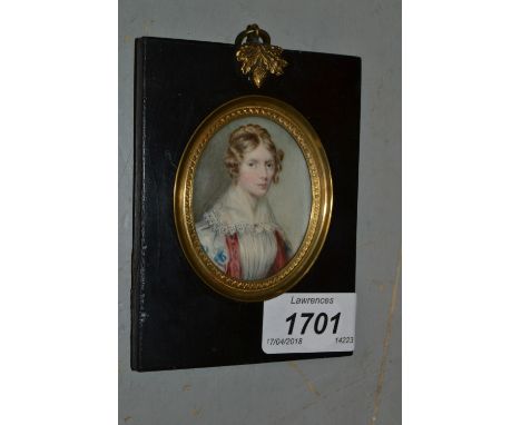 18th / 19th Century watercolour, portrait miniature on ivory of a lady wearing a dress with lace trimmed collar and red scarf