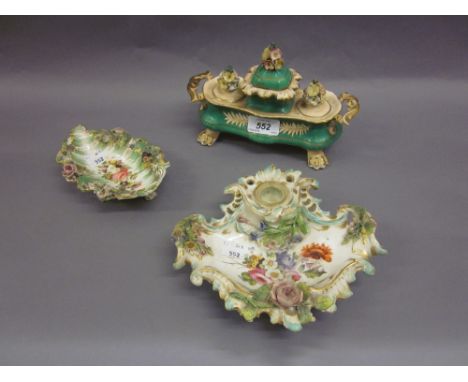 19th Century English porcelain three bottle inkstand (at fault), similar candlestick base, pen tray and another inkstand