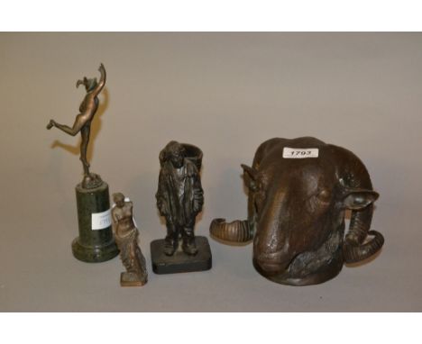 Dark patinated cast bronze rams head wall mask, together with a patinated metal figure of Mercury, another figure of Venus an