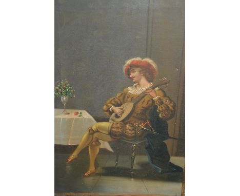 Pair of early 20th Century oils on canvas, portrait of a minstrel in an interior and a portrait of a lady in an interior, eac