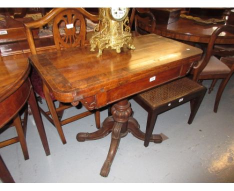 19th Century mahogany and inlaid D-shaped fold-over card table on turned fluted centre column with quadruped splay base