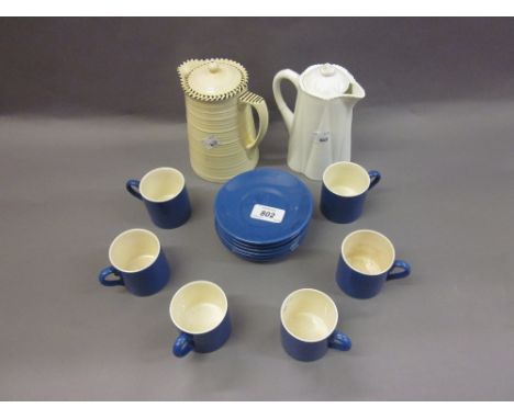 Six Moorcroft powder blue coffee cups and saucers (one cup at fault), Shelley coffee pot and Crown Ducal coffee pot