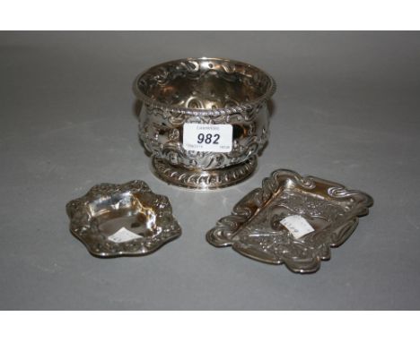 Sheffield silver floral embossed sugar basin together with two silver floral embossed trinket dishes