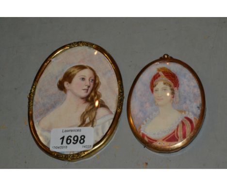 Watercolour, portrait miniature of a lady in a gilt brass frame, together with another of a lady wearing a red dress and head