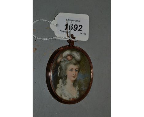 Late 18th or early 19th Century watercolour, portrait miniature of an elegant lady wearing an ostrich feather trimmed hat, in