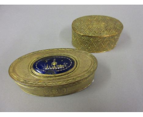 Antique gilt metal oval snuff box with hinged cover, possibly French, together with another similar with enamel inset lid (at