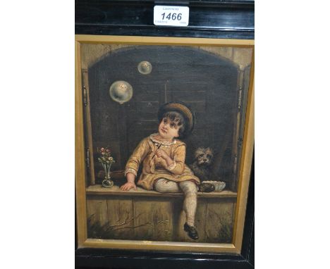 19th Century oil on canvas, portrait of a boy with his companion dog seated at a window, 11ins x 8ins